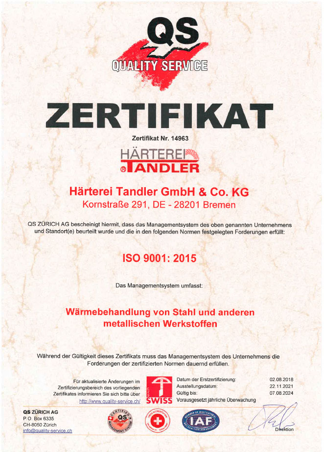 Härterei TANDLER - ISO 9001 Zertifizierung